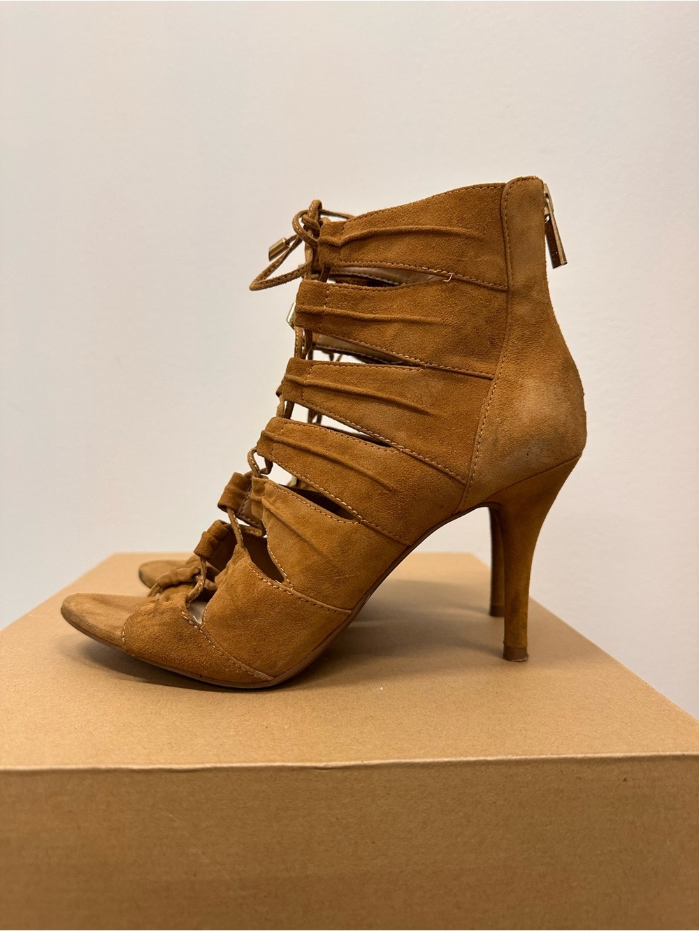 Jessica Simpson Tan Suede Lace-Up High Heel Sandal